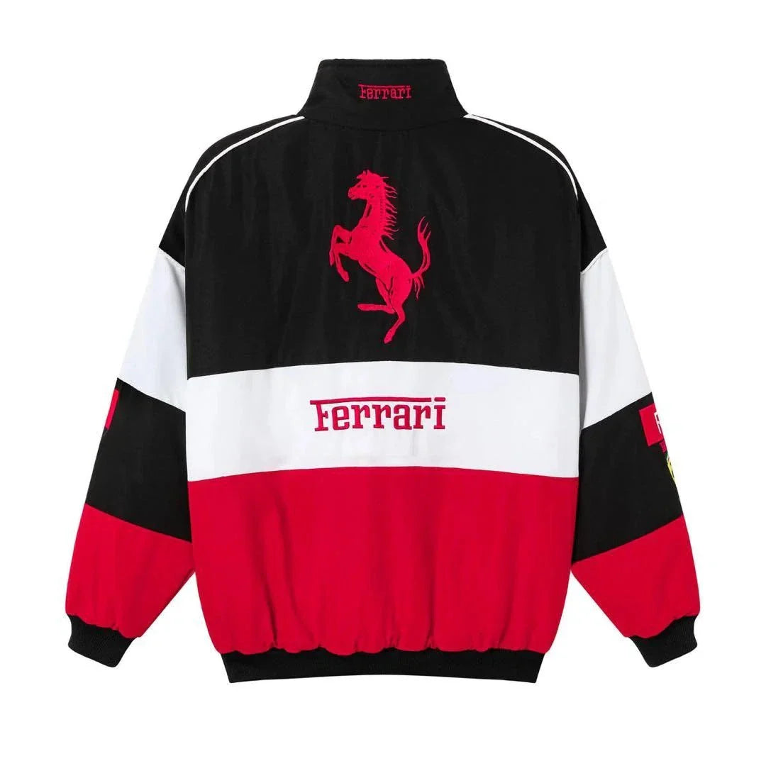 Back profile of the red and black F1 bomber jacket highlighting the relaxed streetwear silhouette.