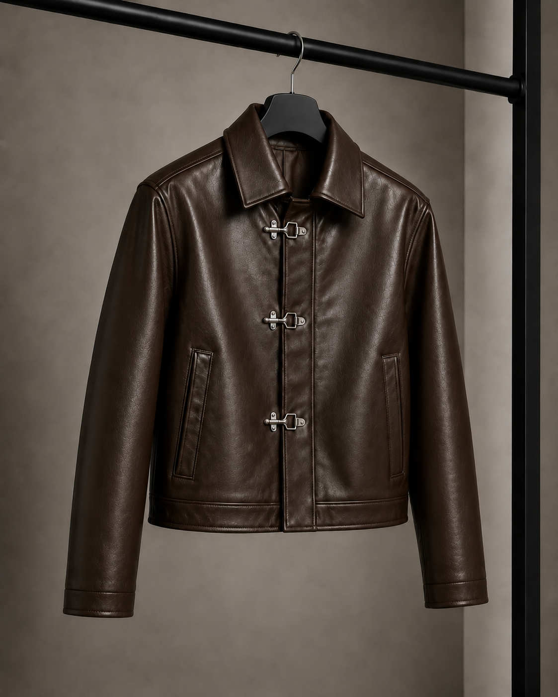 BANSTORE Men's Fireman Clasp Faux Leather Jacket - Dark Brow