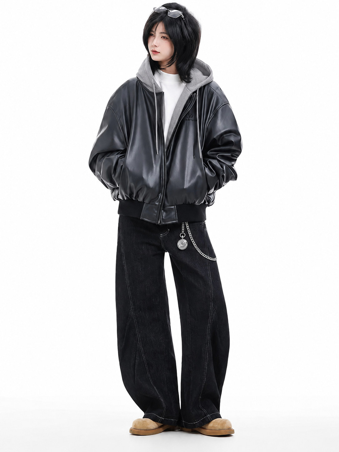Unisex Oversized Faux Leather Bomber Jacket with Built-in Grey Hood | Streetwear Outerwear