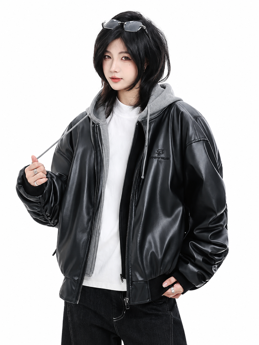 Unisex Oversized Faux Leather Bomber Jacket with Built-in Grey Hood | Streetwear Outerwear