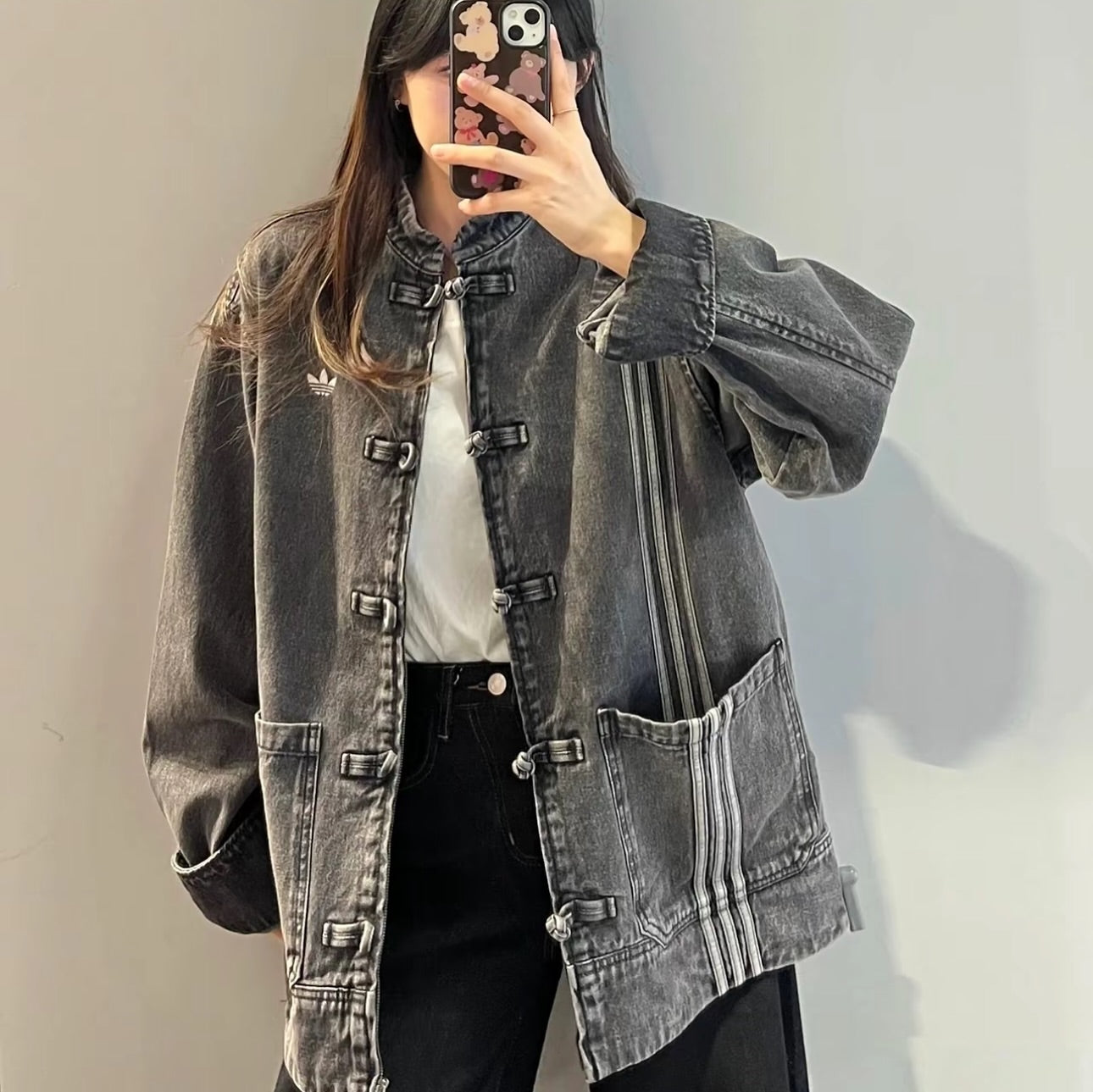 Unisex Chinese Knot Streetwear Washed Denim Jacket