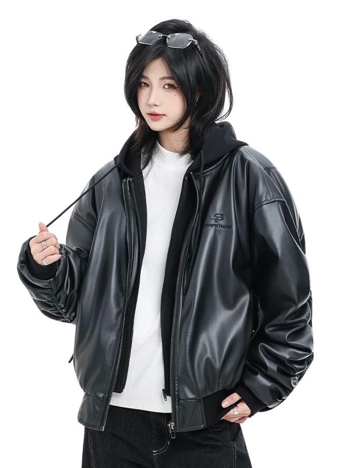 Unisex Oversized Faux Leather Hooded Bomber Jacket | Vintage Streetwear Moto Coat