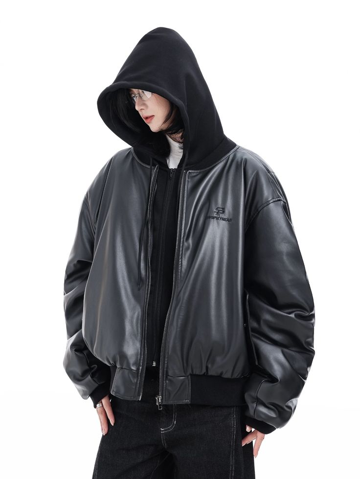 Unisex Oversized Faux Leather Hooded Bomber Jacket | Vintage Streetwear Moto Coat