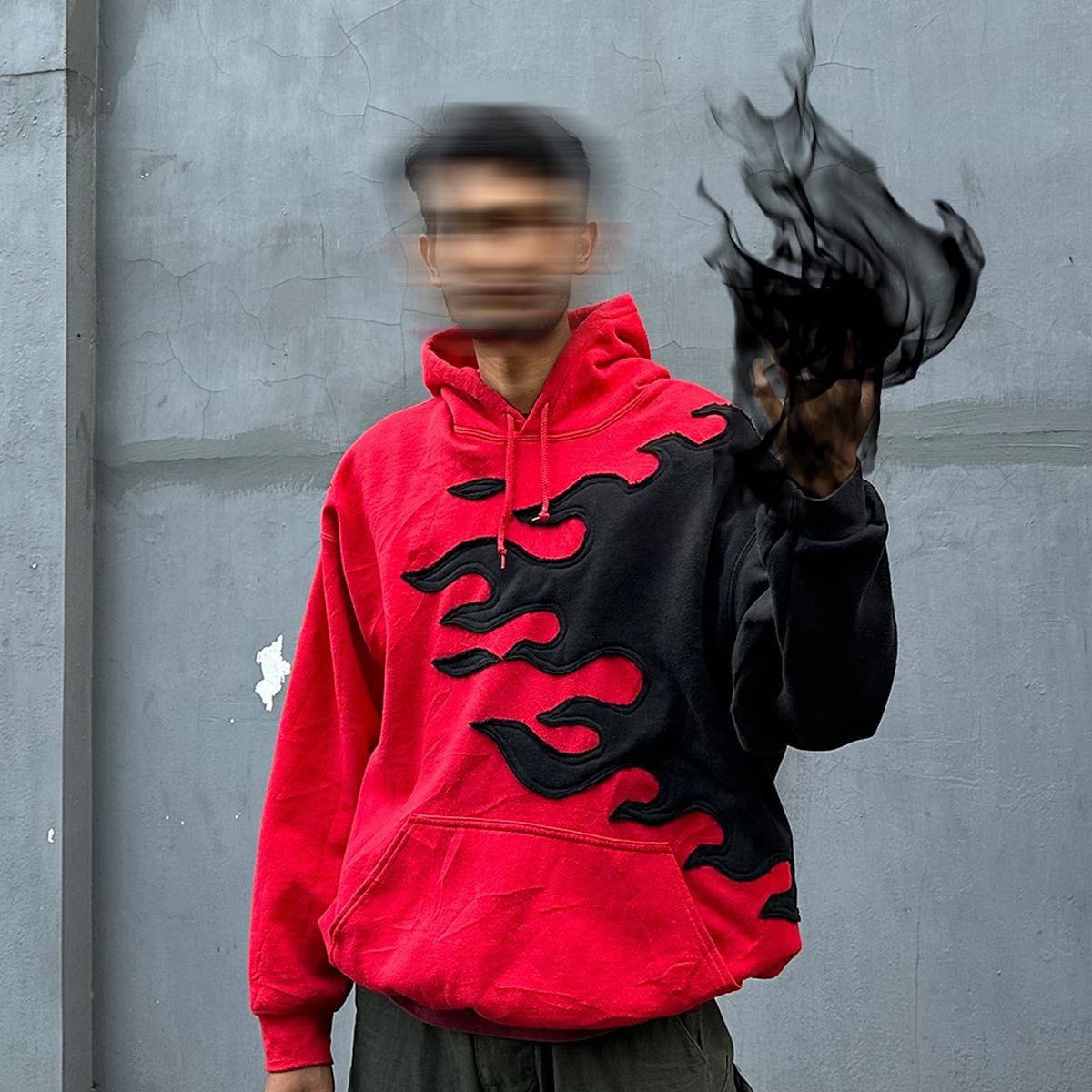 Banstore Inferno Upcycled Flame Hoodie – Handcrafted One-of-a-Kind Fire Streetwear