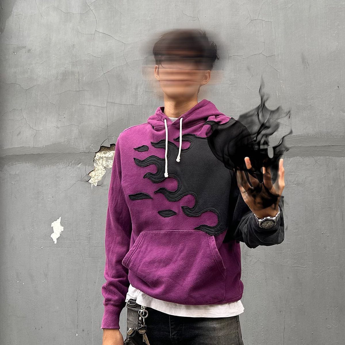 Banstore Inferno Upcycled Flame Hoodie – Handcrafted One-of-a-Kind Fire Streetwear