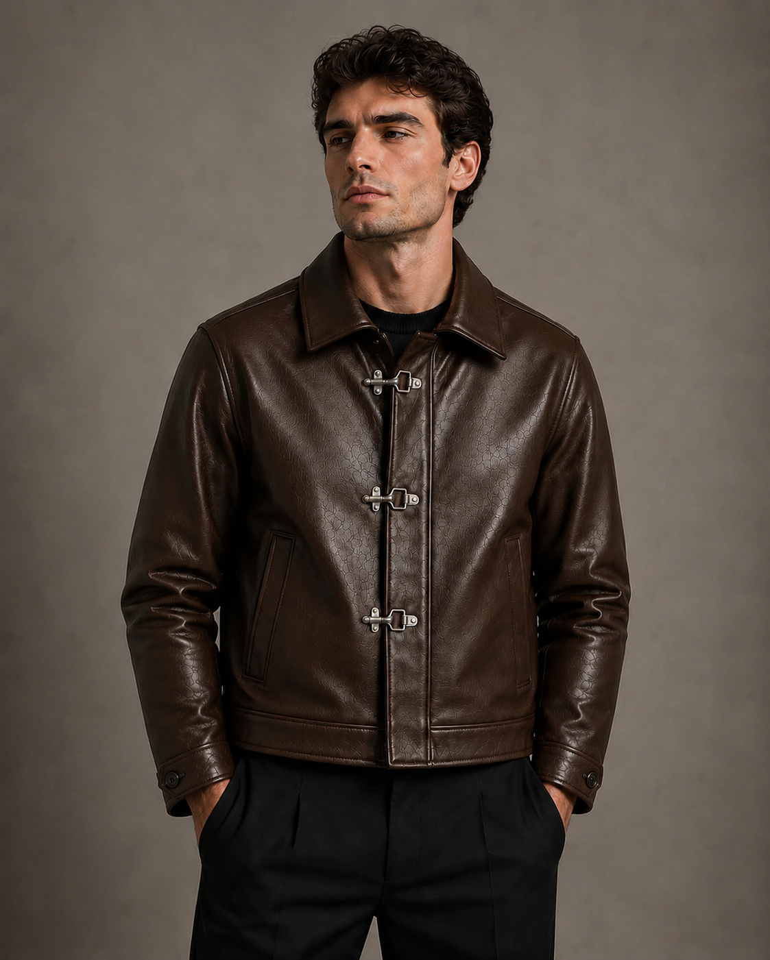 BANSTORE Men's Fireman Clasp Faux Leather Jacket - Dark Brow