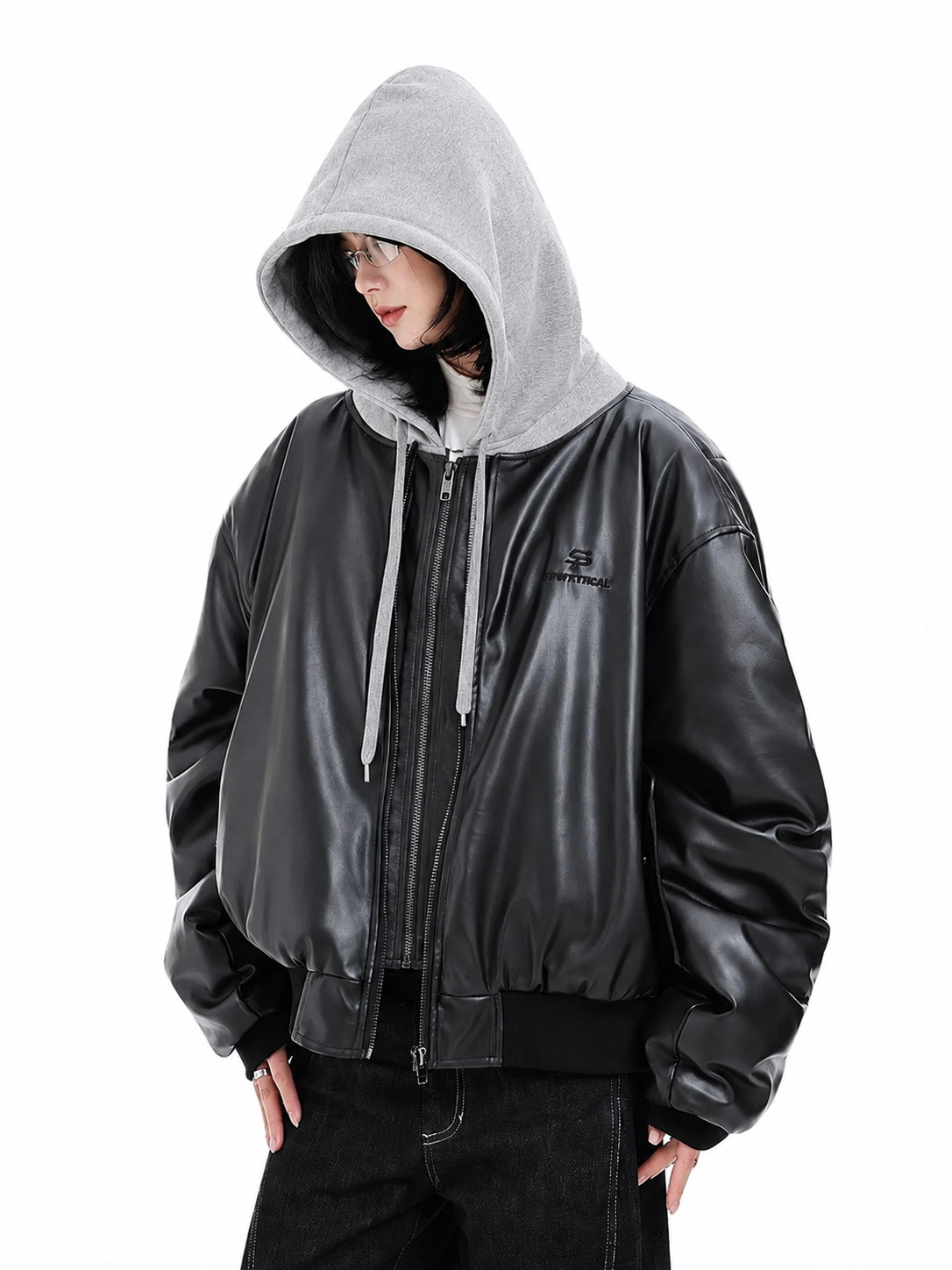 Unisex Oversized Faux Leather Bomber Jacket with Built-in Grey Hood | Streetwear Outerwear
