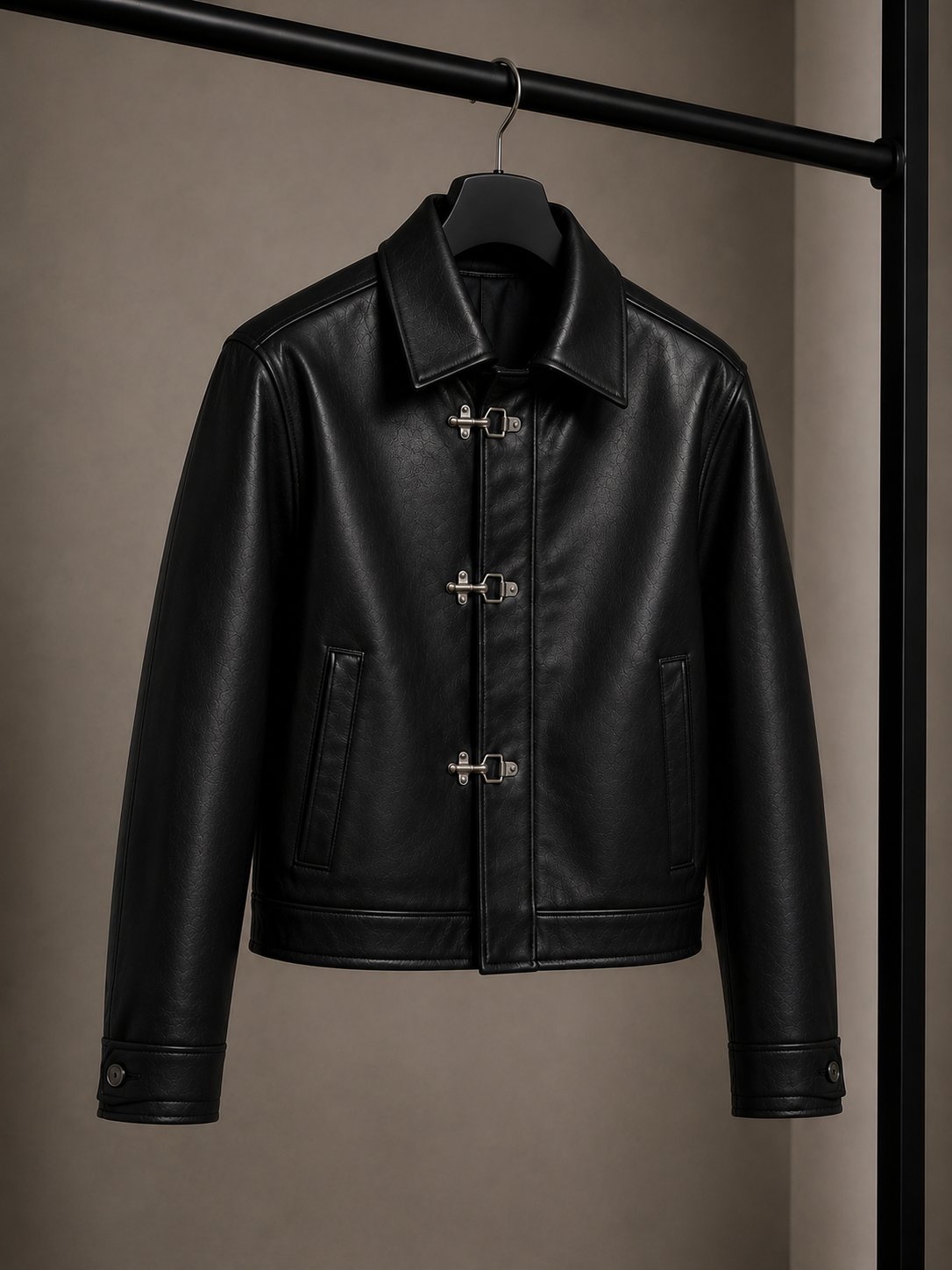BANSTORE Faux Leather Fireman Clasp Jacket – Men’s Metal Hook Closure Buckle Jacket