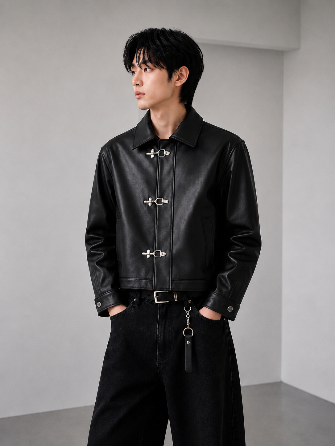BANSTORE Faux Leather Fireman Clasp Jacket – Men’s Metal Hook Closure Buckle Jacket