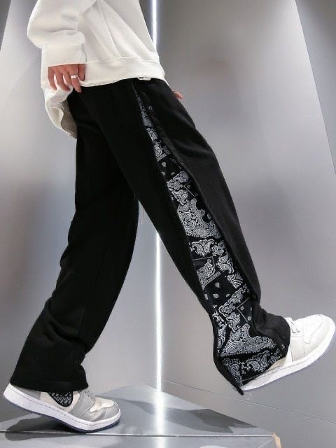 Banstore Bandana Panel Wide-Leg Track Pants – Unisex Snap Slit Streetwear