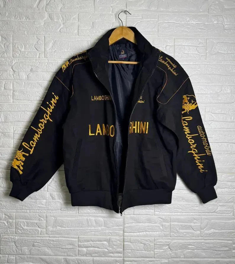 Banstore Lamborghini Embroidered Racing Bomber – Black & Gold Bull Logo Varsity