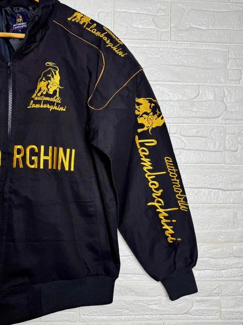 Banstore Lamborghini Embroidered Racing Bomber – Black & Gold Bull Logo Varsity