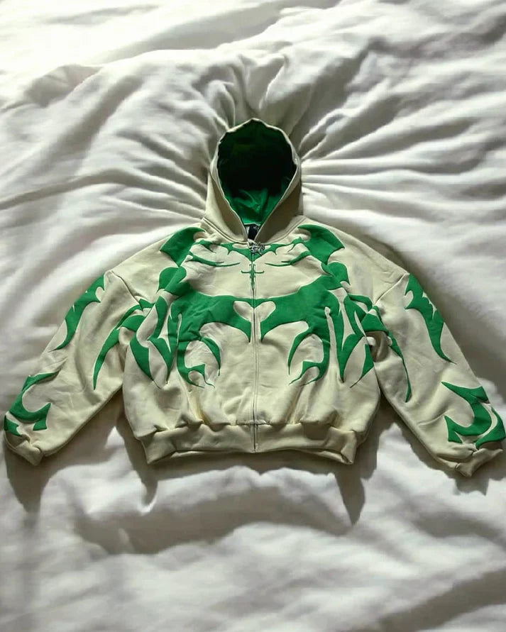 Banstore White & Green 3D Depth Hoodie – Dark Aesthetic Applique Streetwear