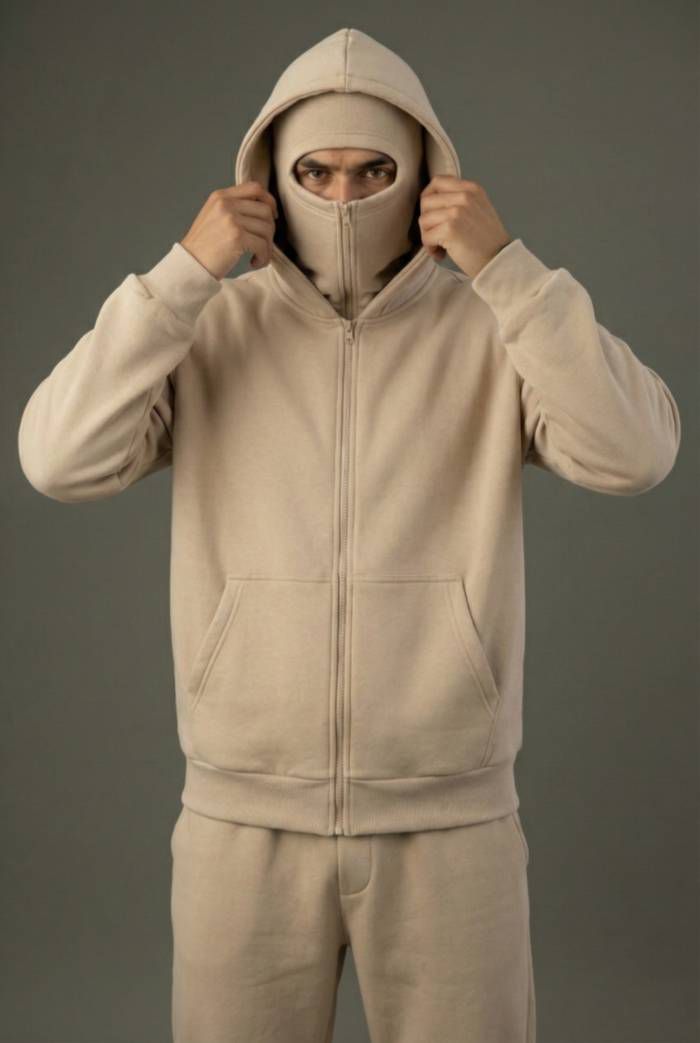 Banstore Eon series beige balaclava hoodie in 450GSM heavyweight sand fleece.