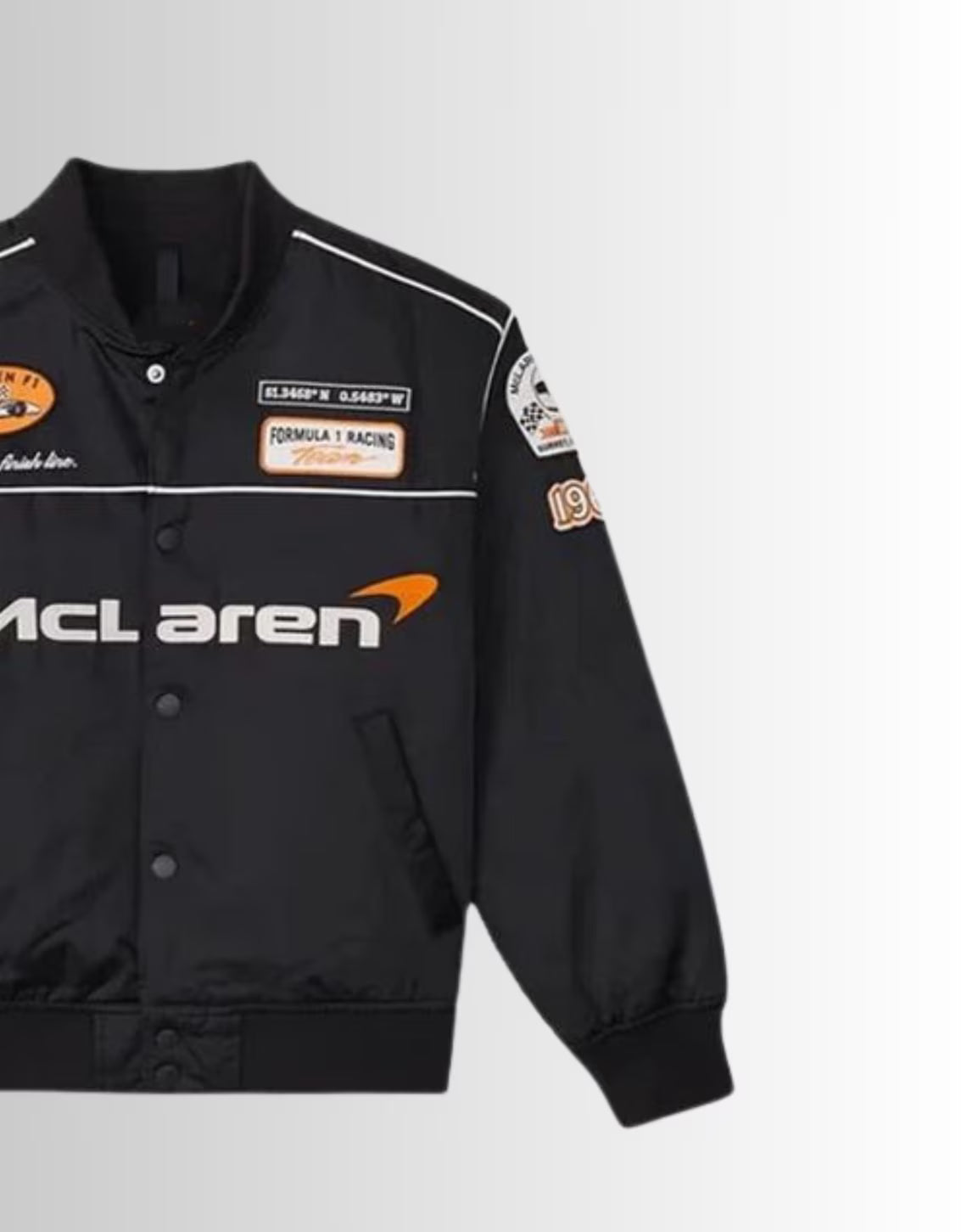 black parachute McLaren jacket, showcasing