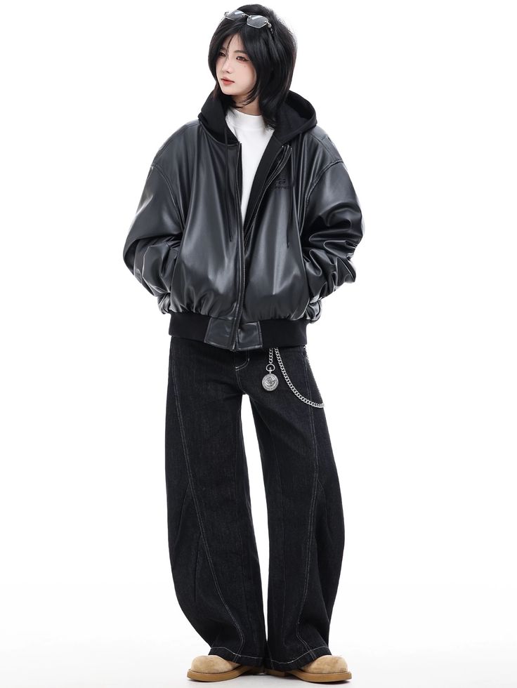 Unisex Oversized Faux Leather Hooded Bomber Jacket | Vintage Streetwear Moto Coat