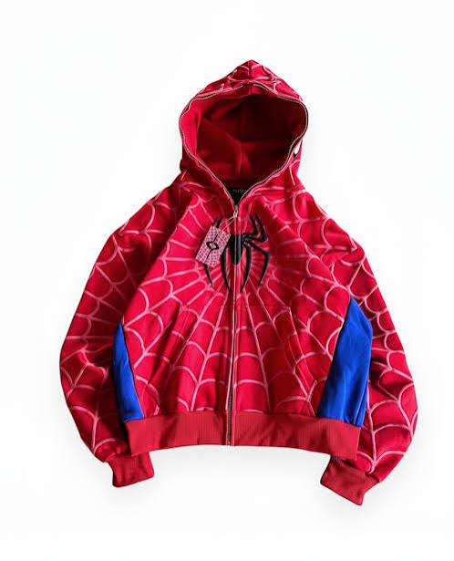 Spider Man Hoodie| Red Spider Web Print Zip-Up Hoodie | Banstore Clothing