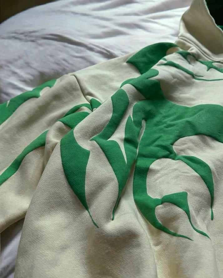 Banstore White & Green 3D Depth Hoodie – Dark Aesthetic Applique Streetwear