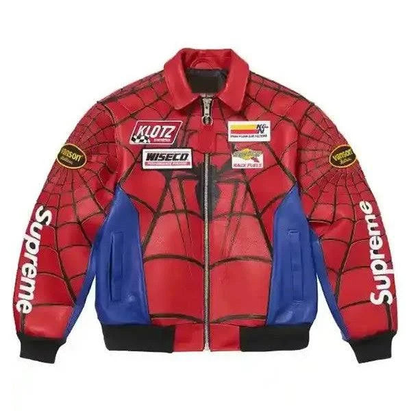 Banstore Spider Web Racing Leather Jacket - Red Blue Streetwear Edition